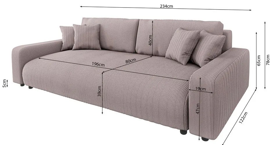 Svetloružová menčestrová rozkladacia/s úložným priestorom pohovka 234 cm Sara – Ropez