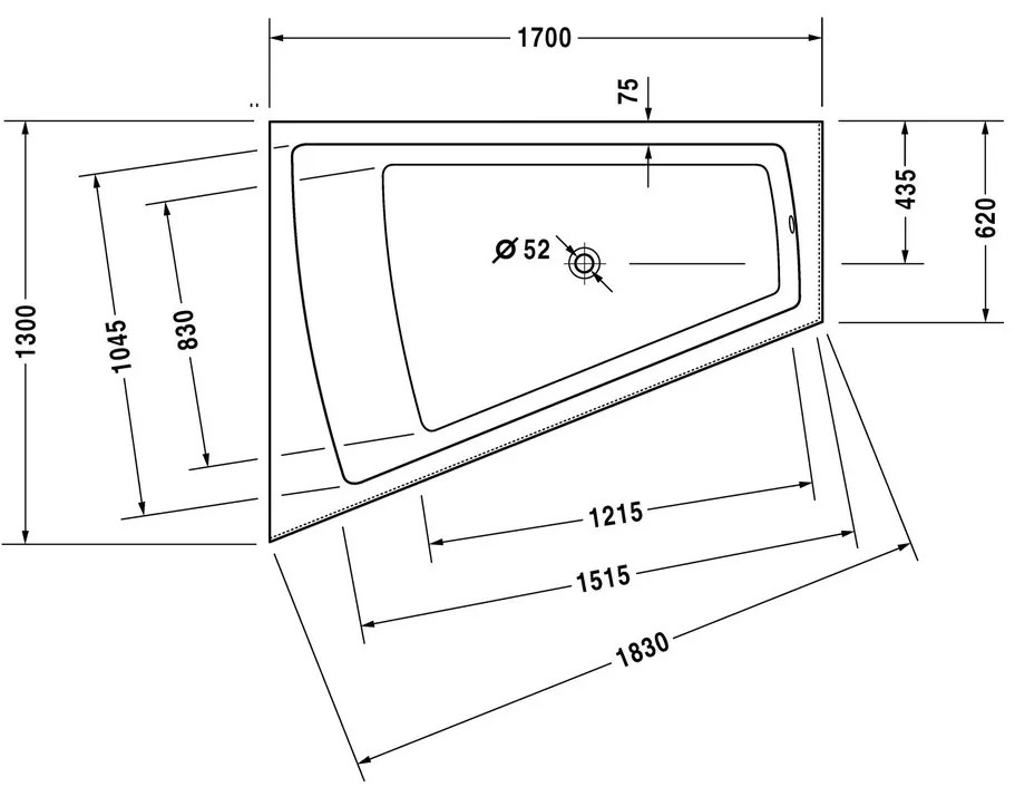 Duravit Paiova - Vaňa 1700x1300 mm, vytvarovaný sklon pre chrbát na ľavej strane, s panelom a nohami, biela 700266000000000