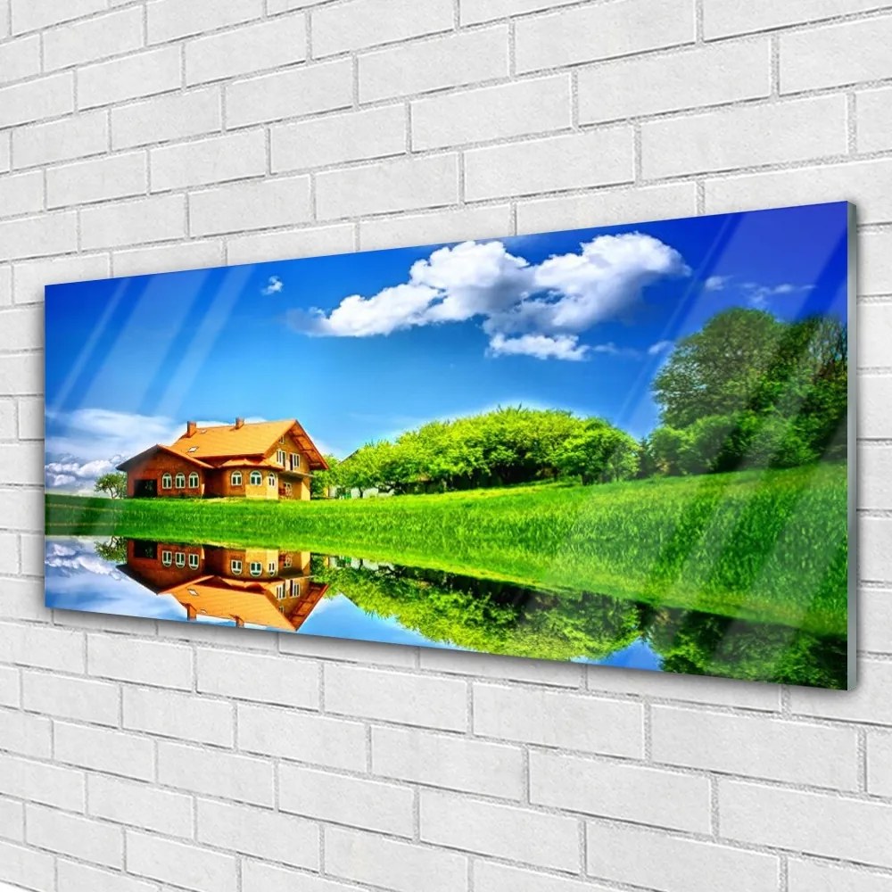 Obraz na akrylátovom skle Dom jazero tráva príroda 125x50 cm