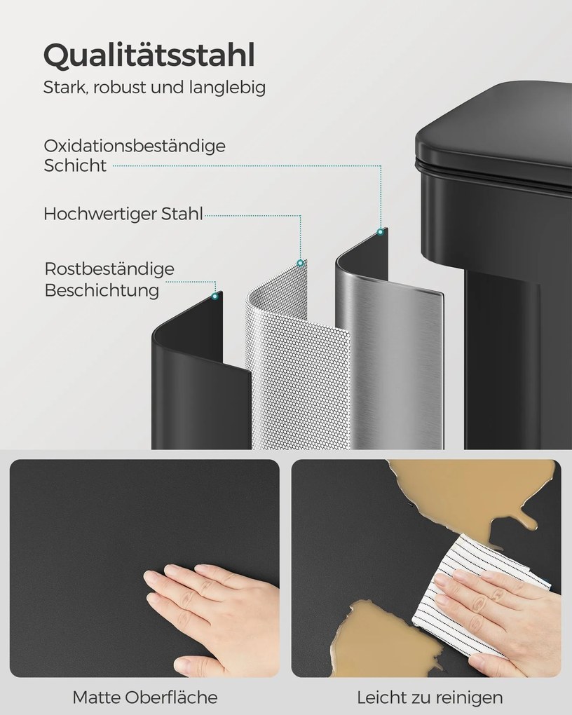 Kuchynský oceľový odpadkový kôš, 40 l, s vekom, 15 vreciek v balení, čierny