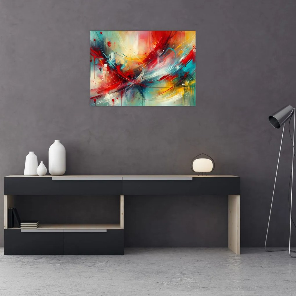 Sklenený obraz – Abstrakcia s červenou (70x50 cm)