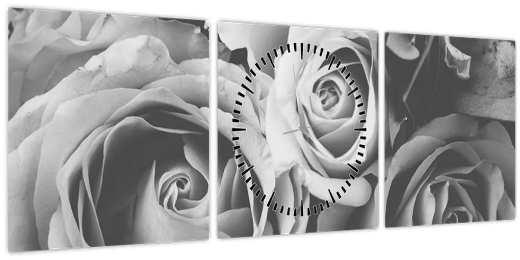 Obraz - Ruža, čiernobiela (s hodinami) (90x30 cm)