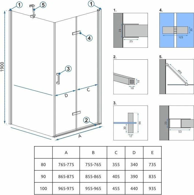 Obdĺžnikový sprchovací kút REA MOLIER 80/dvere x 90/zástena cm, chróm/transparent - bez vaničky