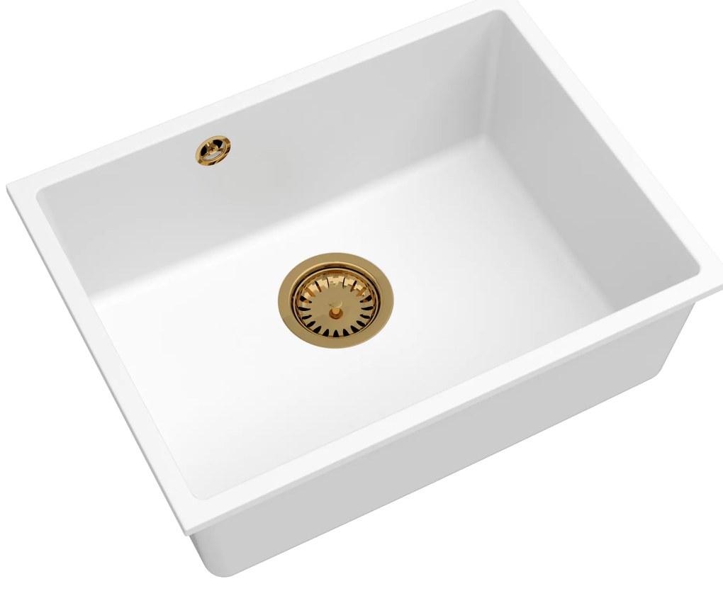 Sink Quality Crypton 60, kuchynský granitový drez 535x400x205 mm + zlatý sifón, biela, SKQ-CRY.W.1KBO.60.XG