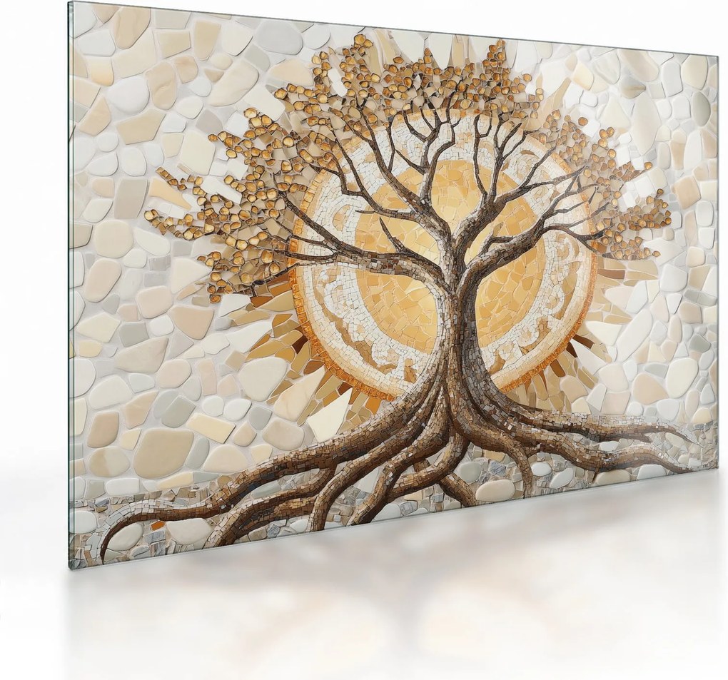Sklenený obraz – Zlatý strom života v mozaike (70x50 cm)
