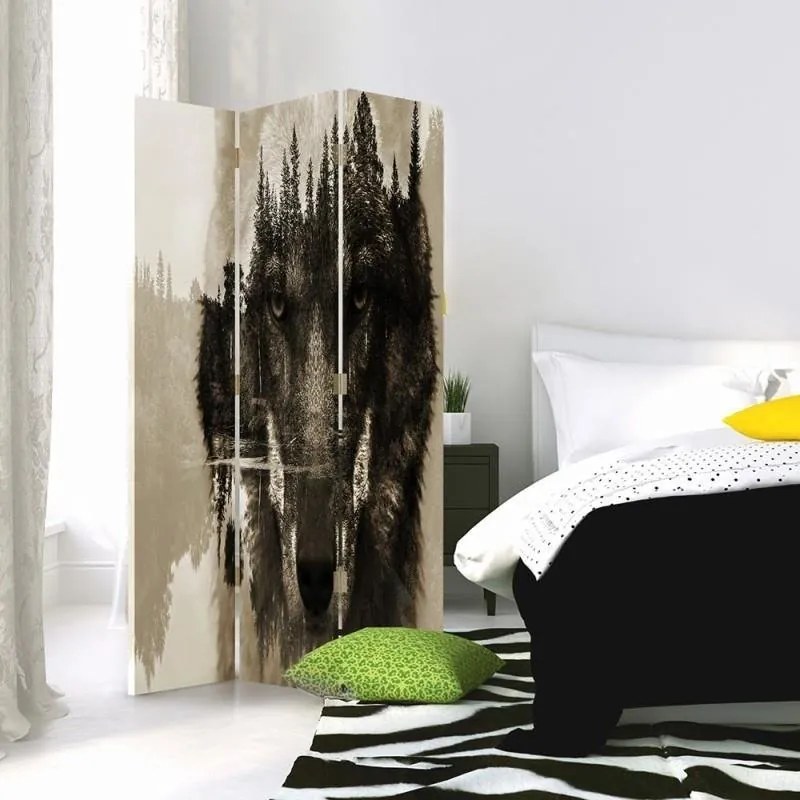 Gario Paraván Vlk na pozadí lesa v hnedej farbe Rozmery: 145 x 170 cm, Prevedenie: Otočný paraván 360°