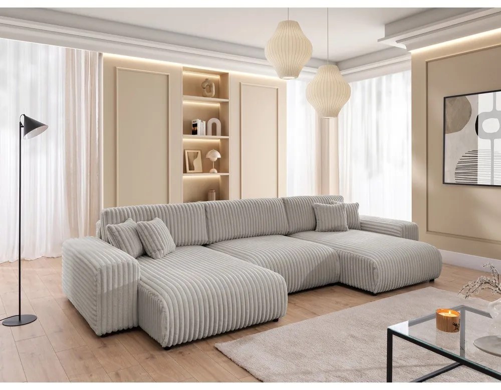 Svetlosivá menčestrová rozkladacia/s úložným priestorom rohová pohovka (do tvaru "U") Sarina – Ropez