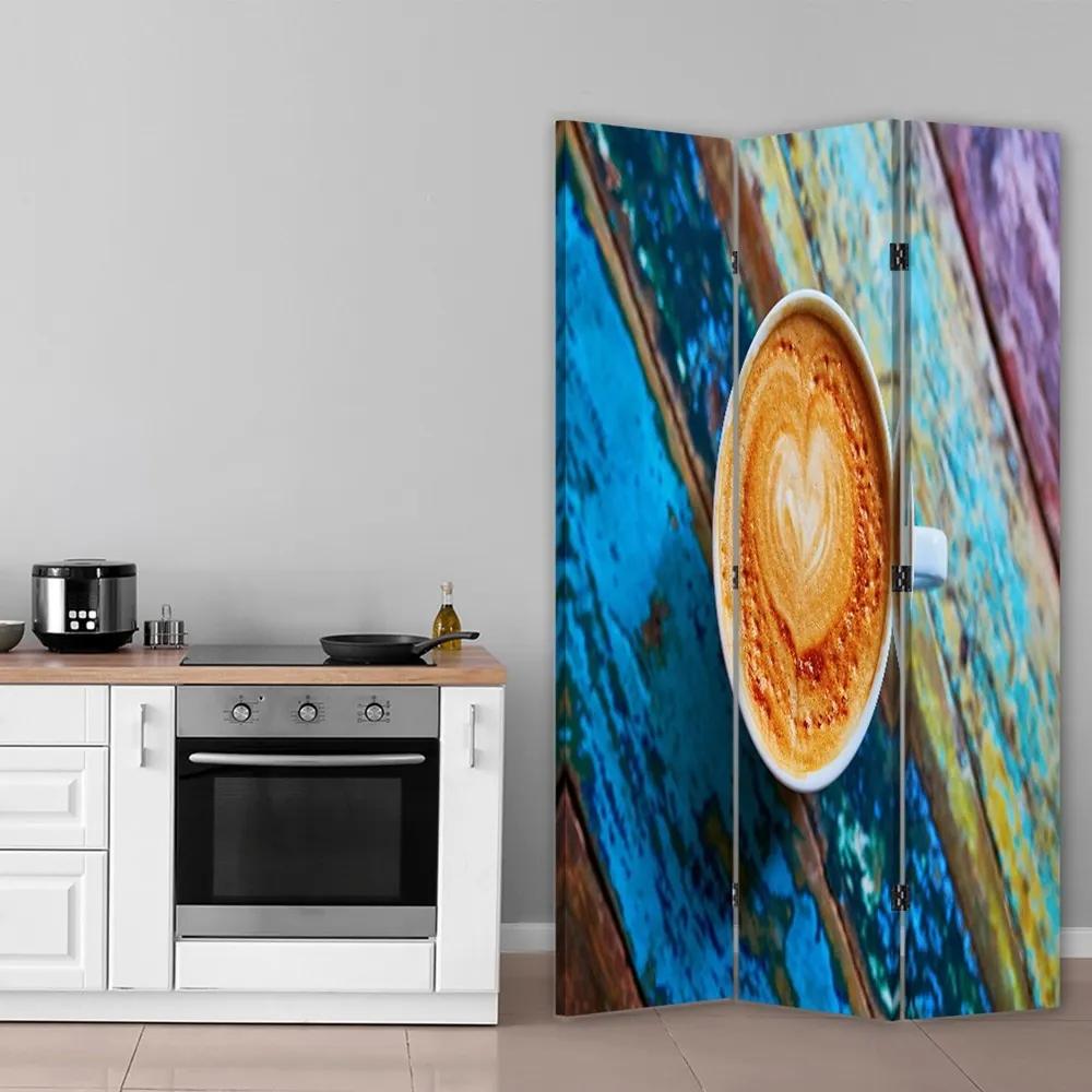 Ozdobný paraván Šálky na kávu Retro Wood - 110x170 cm, trojdielny, obojstranný paraván 360°