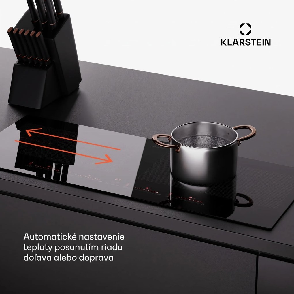Klarstein Masterzone 90 Slim Flex, indukčná varná doska, max. 7200 W, vstavaná, 4 zóny, 2 Flex zóny, technológia ThermoBoost, Smart Flex