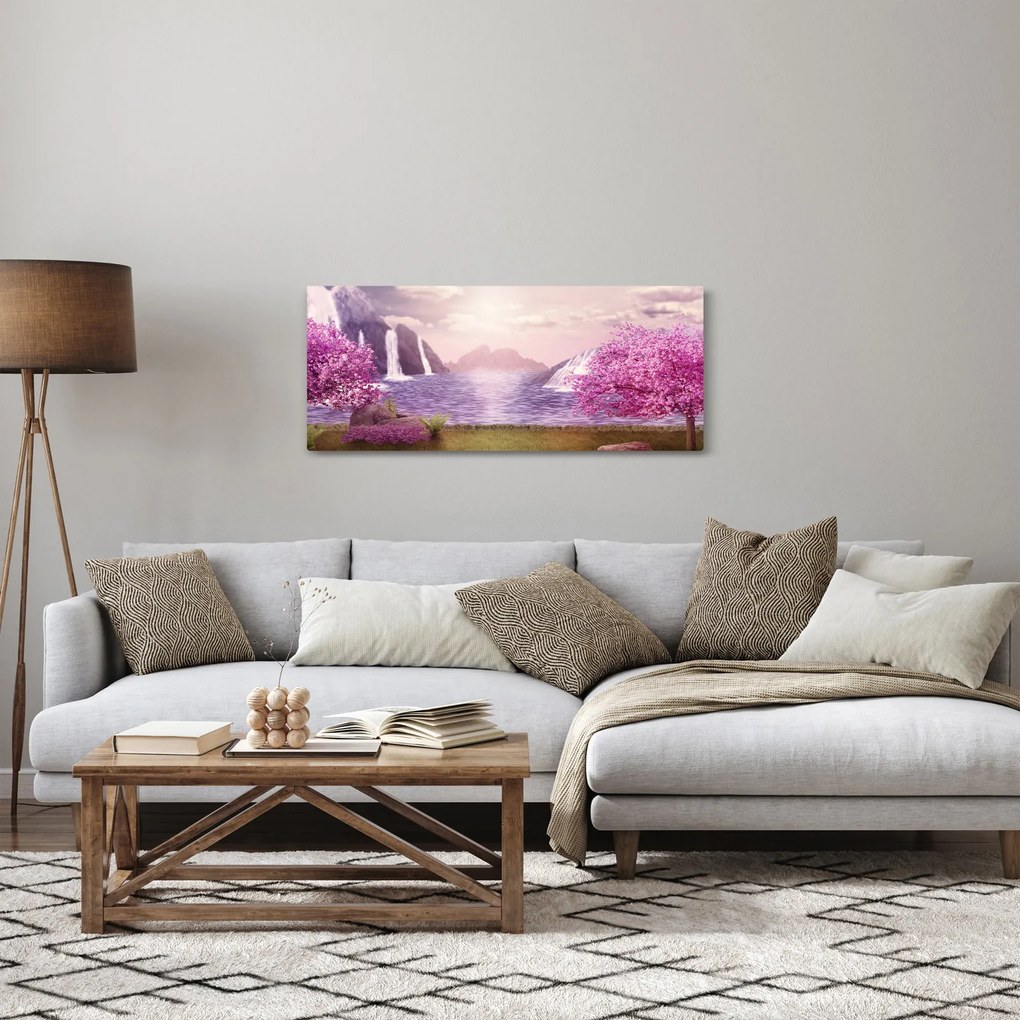 Obraz ružových stromov s jazerom (120x50 cm)