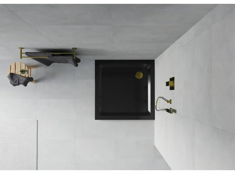 Mexen SLIM - Štvorcová sprchová vanička 90x90x5cm + zlatý sifón, čierna, 40709090G