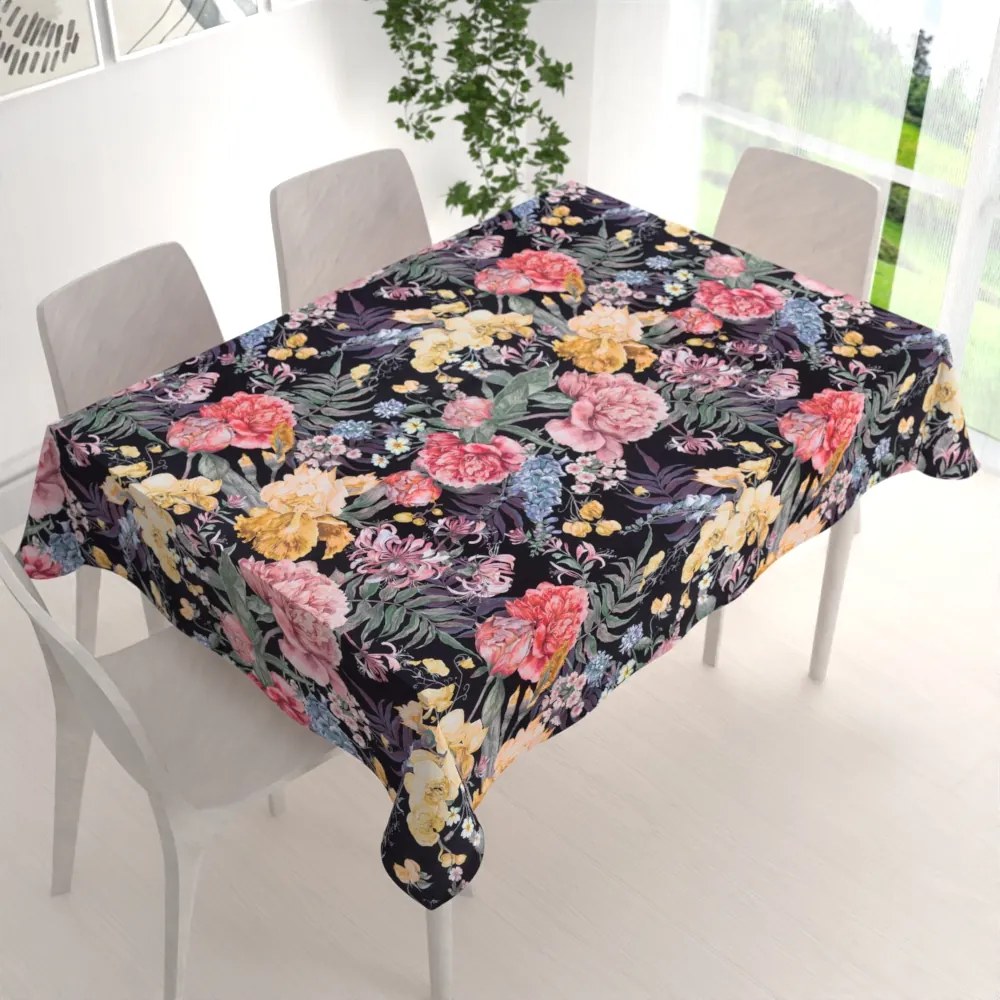 Biante Zamatový obdĺžnikový obrus Tamara TMR-019 Záhradné kvety na čiernom 140x160 cm