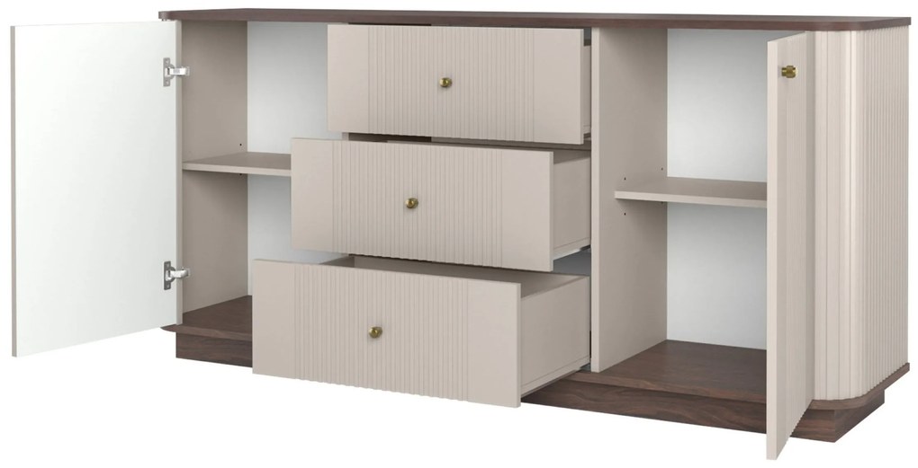 Komoda Vesper 160 cm so zásuvkami na sokli - kašmír / orech / zlaté úchytky