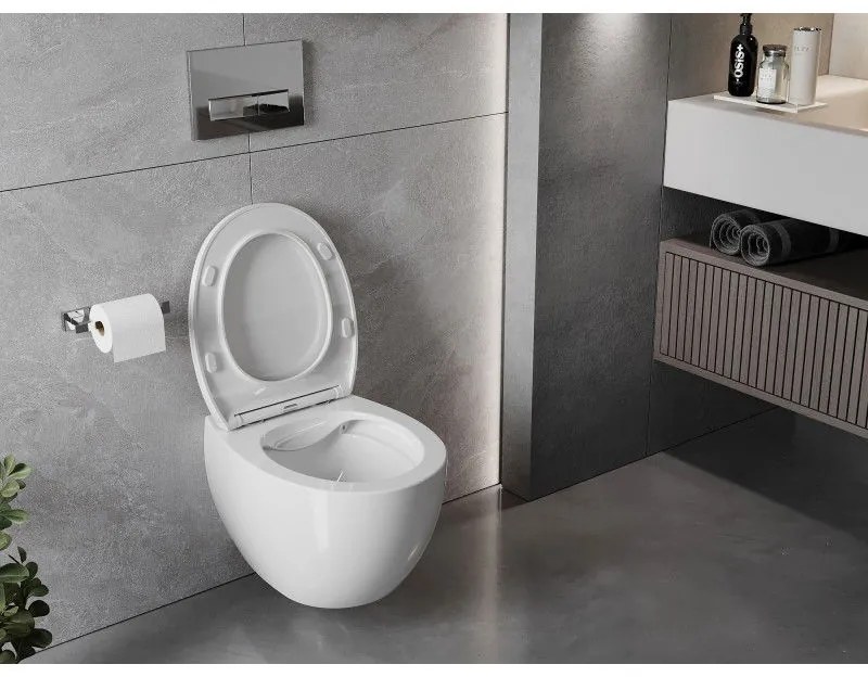 Mexen Egg, závesná WC misa Rimless s duroplastovým sedátkom s pomalým zatváraním, biela lesklá, 30245000