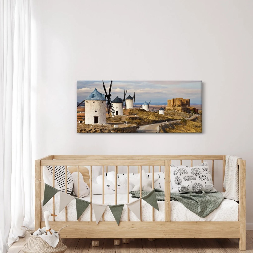 Obraz - Veterné mlyny Consuegra, Španielsko (120x50 cm)