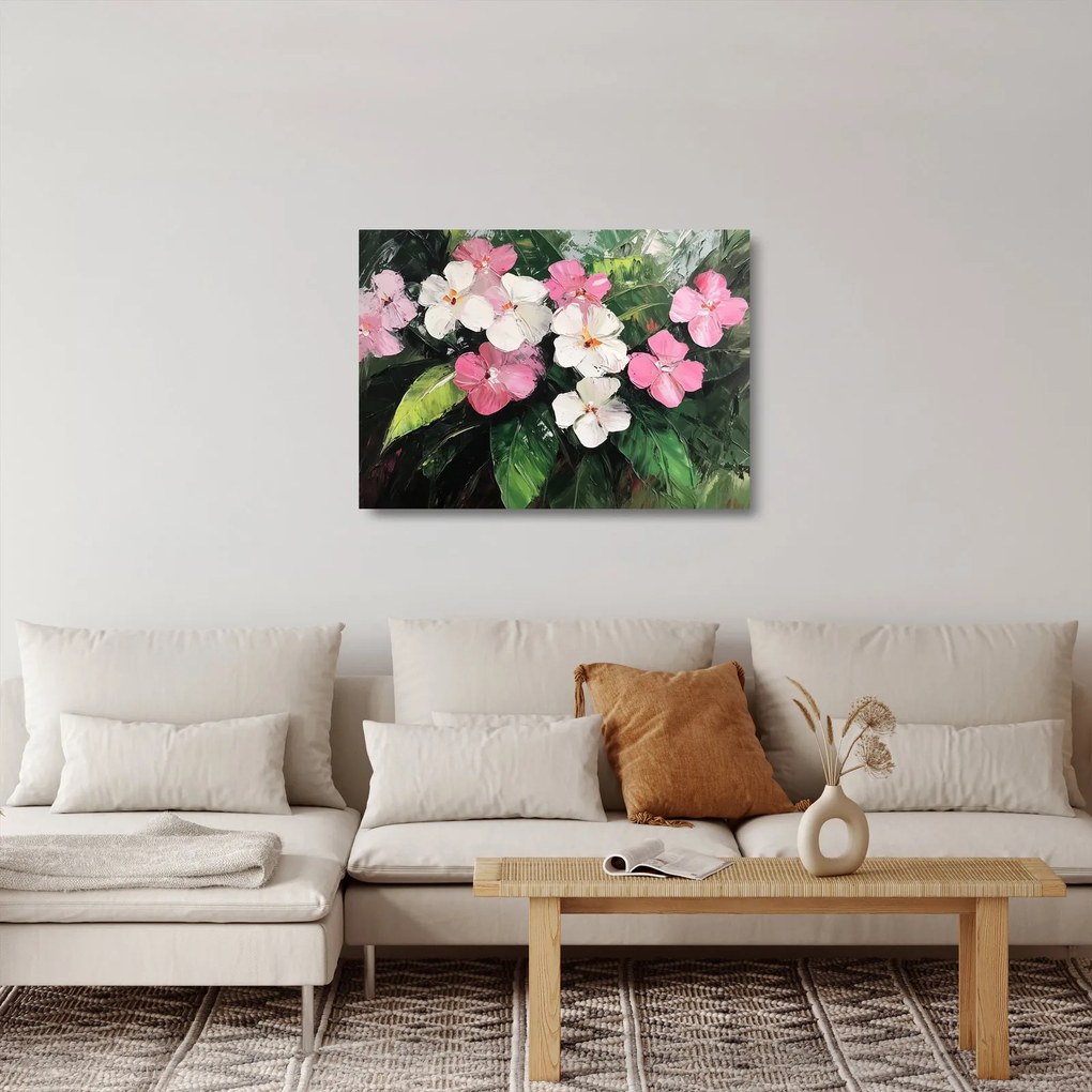 Sklenený obraz - Ružové a biele kvety (70x50 cm)