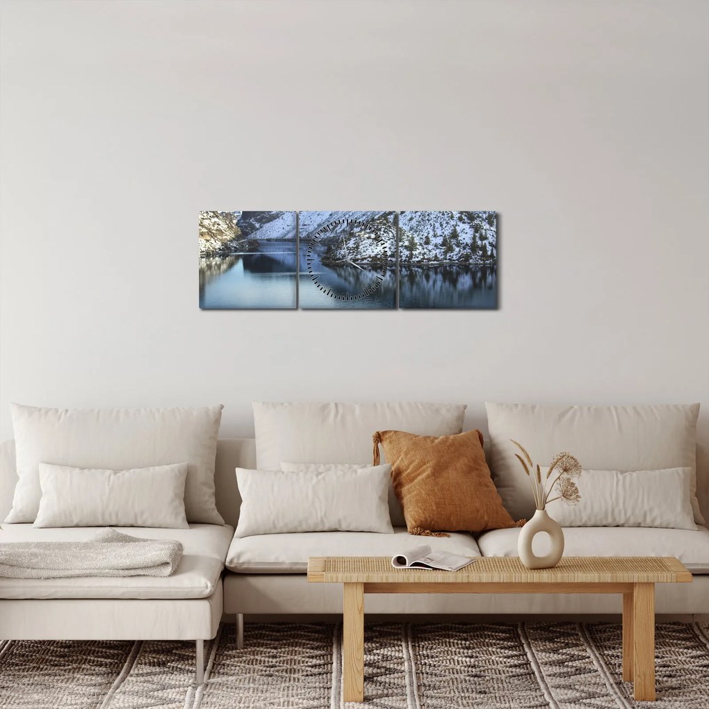 Obraz - zimná krajina s jazerom (s hodinami) (90x30 cm)