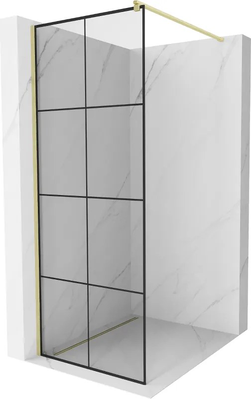 Mexen Kioto, sprchová zástena Walk-In 80 x 200 cm, 8mm číre sklo čierny vzor, zlatý matný profil, 800-080-101-55-77