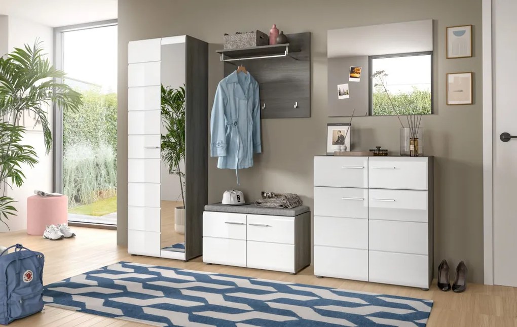 Predsieňová skriňa so zrkadlom Salsa, šedý dub/biely lesk