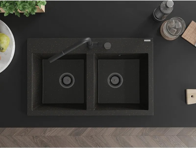 Mexen Hektor, 2-komorový granitový drez 800x480x205 mm, čierna-zlatá metalíza, grafitový sifón, 6521802000-75-B