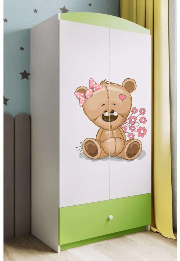 Detská skriňa Babydreams 90 cm medvedík s kvietkami zelená
