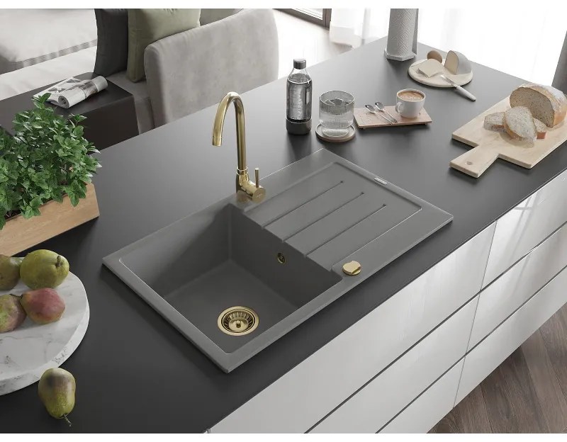 Mexen Bruno, 1-komorový granitový drez s odkvapkávačom 795x495x200 mm a zlatá kuchynská batéria Telma, šedá, 6513-71-670200-50