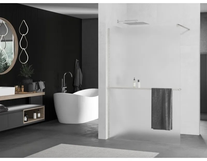 Mexen Kioto+, sprchová zástena Walk-In s poličkou a vešiakom 80 x 200 cm, 8mm sklo námraza, brúsená oceľ profil, 800-080-121-97-30