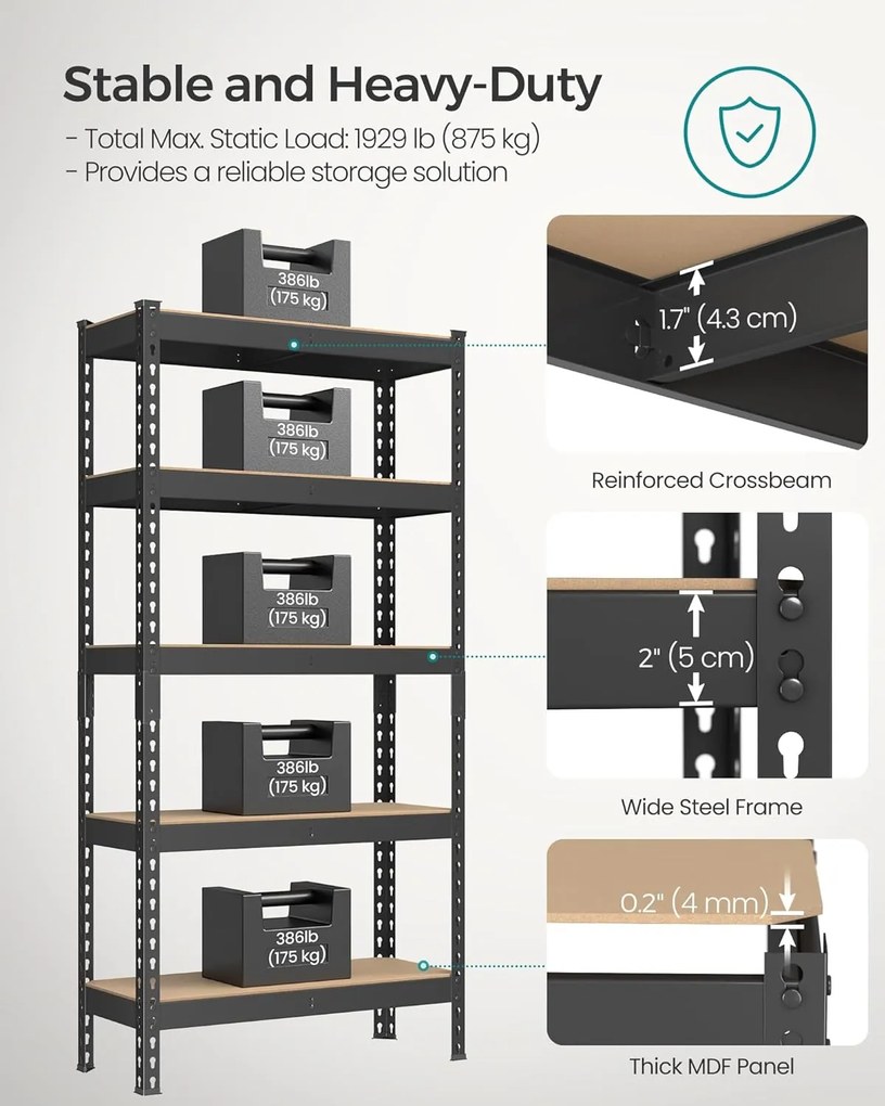 SONGMICS 5-poschodový regálový systém, 2 kusy, 30×75×150 cm, čierny