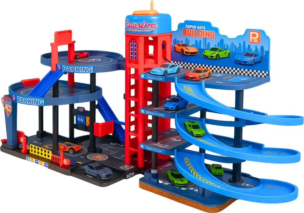 LEAN Toys Parkovisko s autíčkami, 4-poschodová dráha, 8 kovových vozidiel, nálepky