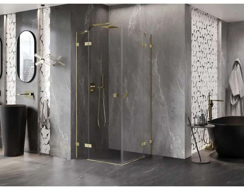 Mexen Lunar Duo, výklopný sprchový kút 85 x 85 cm, 8mm číre sklo, zlatý matný profil, 834-085L-085P-55-00