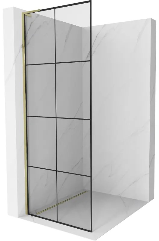 Mexen Kioto L, sprchová zástena Walk-In 90 x 200 cm, 8mm číre sklo čierny vzor, zlatý lesklý profil,800-090-103-50-77