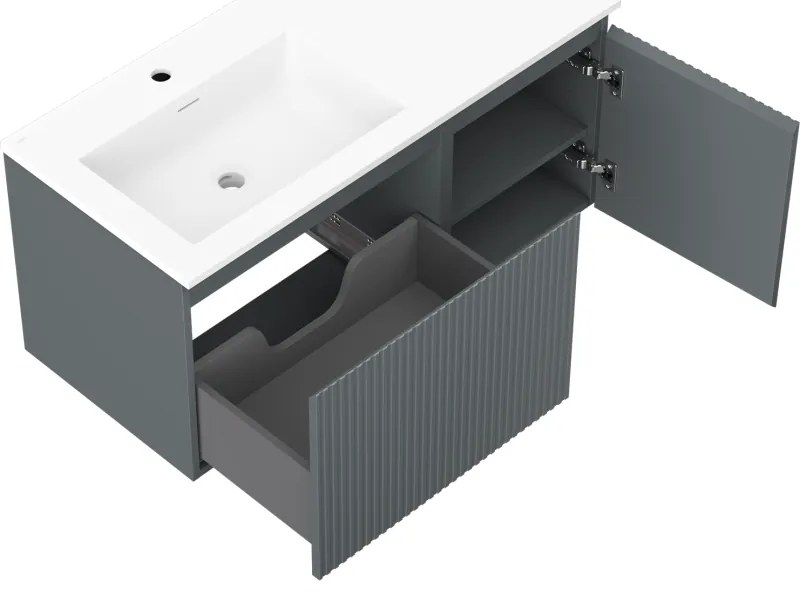 Mexen Rivel, kúpeľňová skrinka 100 cm s umývadlom Otis vľavo, 1S, 1D, drážkovaná, grafitová matná/biela matná, 91A23-10047-3-BBFF66-W18L01