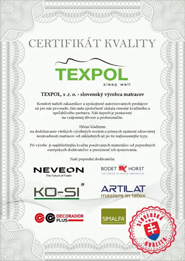 Texpol RELAX - kvalitný tvrdší matrac s 5 - zónovou profiláciou a Aloe Vera Silver poťahom 85 x 190 cm, snímateľný poťah