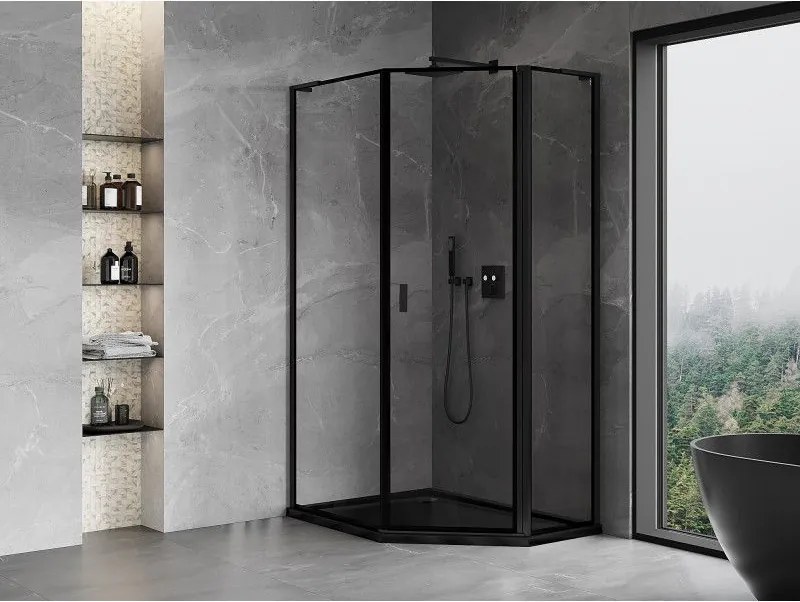 Mexen Mist L, päťuholníkový sprchový kút s krídlovými dverami, 80 x 90 cm, 8mm číre sklo, čierny profil, 8A8L-080-090-70-70-P