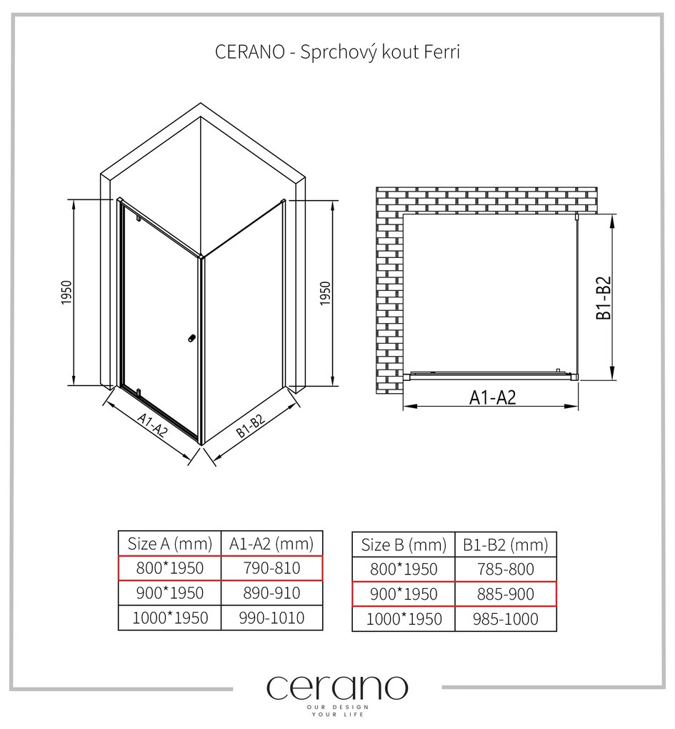 Cerano Ferri, krídlový sprchovací kút 80(dvere) x 90(stena) x 195 cm, 6mm číre sklo, chrómový profil, CER-CER-427441