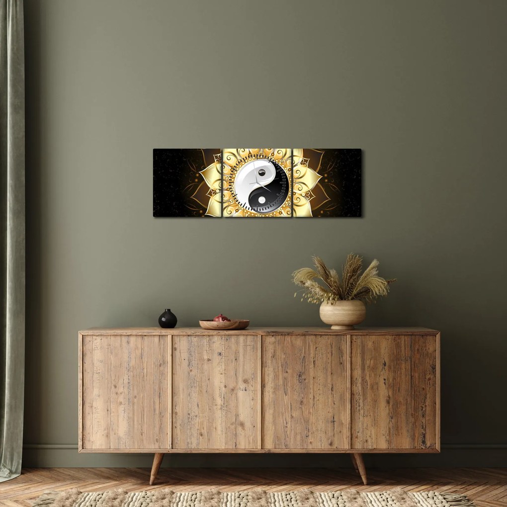 Obraz - Zlatý Yin-Yang (s hodinami) (90x30 cm)