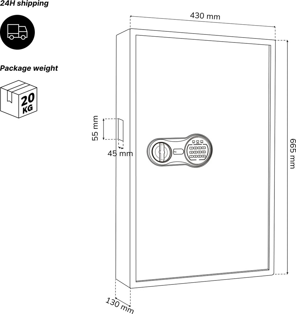 Skrinka na kľúče elektronická s vhadzovaním a kódovým zámkom, na 133 kľúčov, 430x665x130 mm: BRUCE