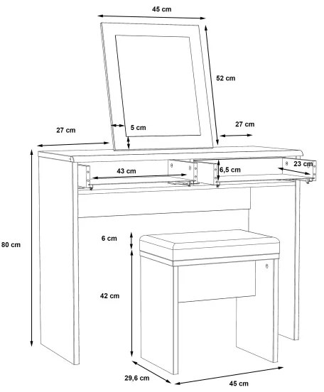 Toaletný stolík JUNO + taburet 45x29,6 cm hnedá/čierna
