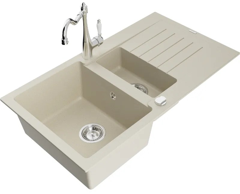 Mexen Matias, granitový drez 900x505x200 mm, 1,5-komorový a drezová batéria Carla, béžová, 6502-69-670700-00