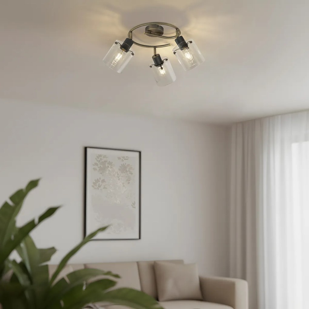 Dizajnový stropný reflektor bronzový s čírym sklom okrúhly s 3 svetlami - Domo