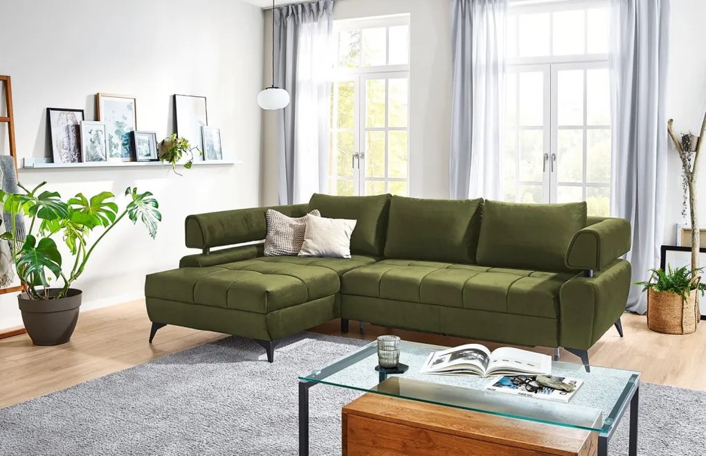 Rohová sedacia súprava Paris, machová zelená látka, ľavý roh