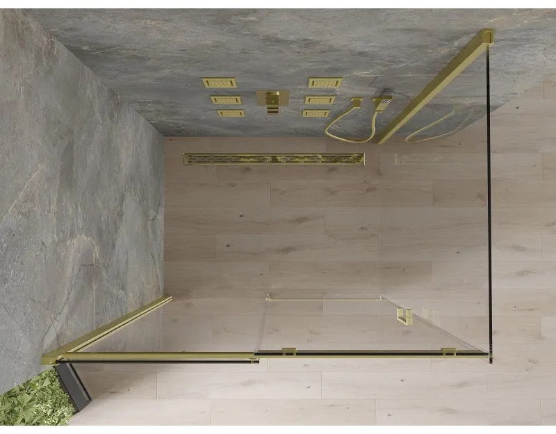 Mexen Omega, sprchovací kút s posuvnými dverami 130 (dvere) x 90 (stena) cm, 8mm sklo, zlatý profil-číre sklo, 825-130-090-50-00