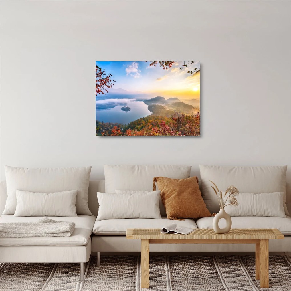 Sklenený obraz - Bledské jazero (70x50 cm)