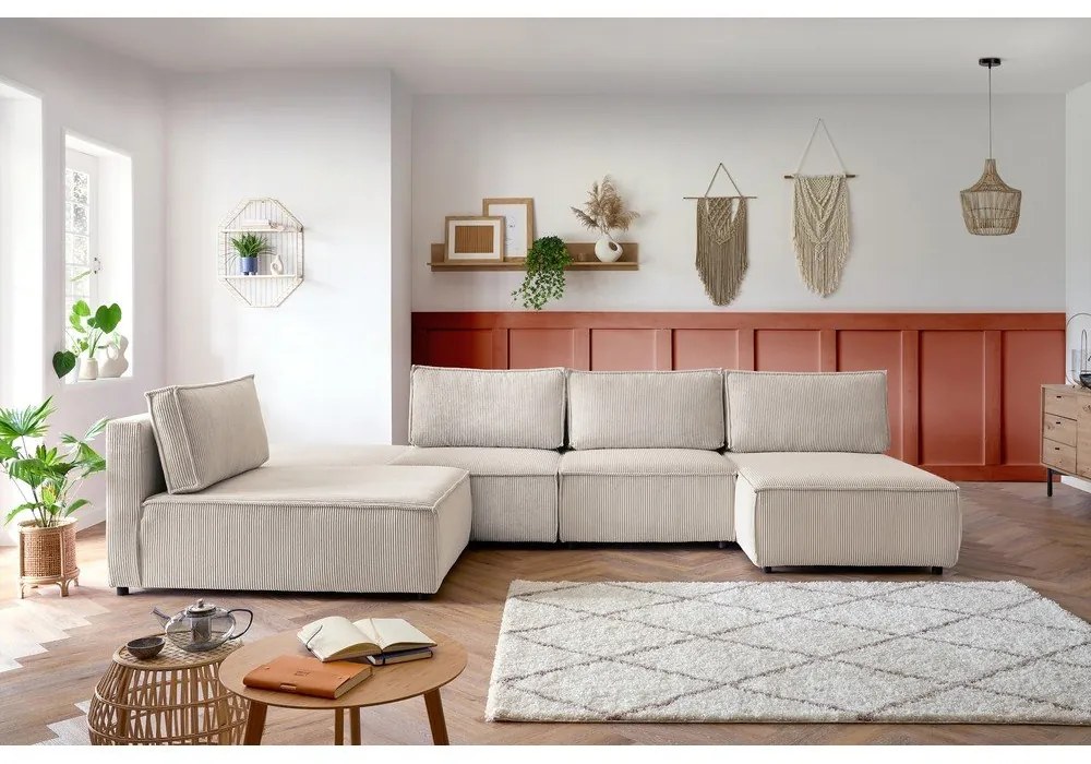 Krémovobiela menčestrová rohová pohovka (variabilná) Nihad modular – Bobochic Paris