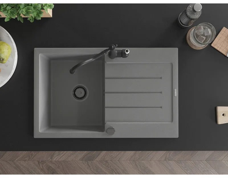 Mexen Bruno, granitový drez 795x495x200 mm, 1-komorový a drezová batéria Carla, šedá, 6513-71-670700-70-B