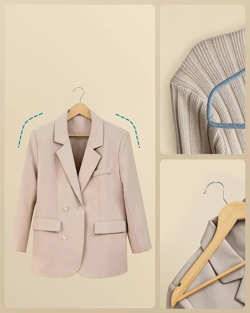 Drevené vešiaky, balenie 30 kusov, otočné háčiky, prírodná farba