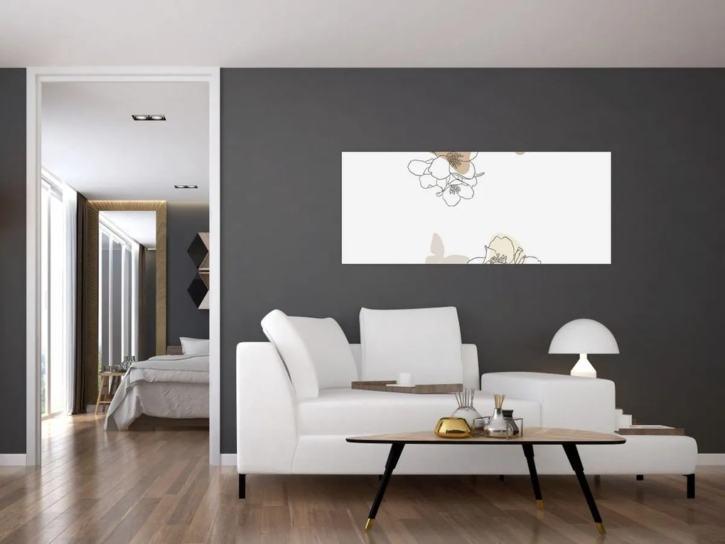 Obraz - Béžové kvety s motýľom N⁰2 (120x50 cm)