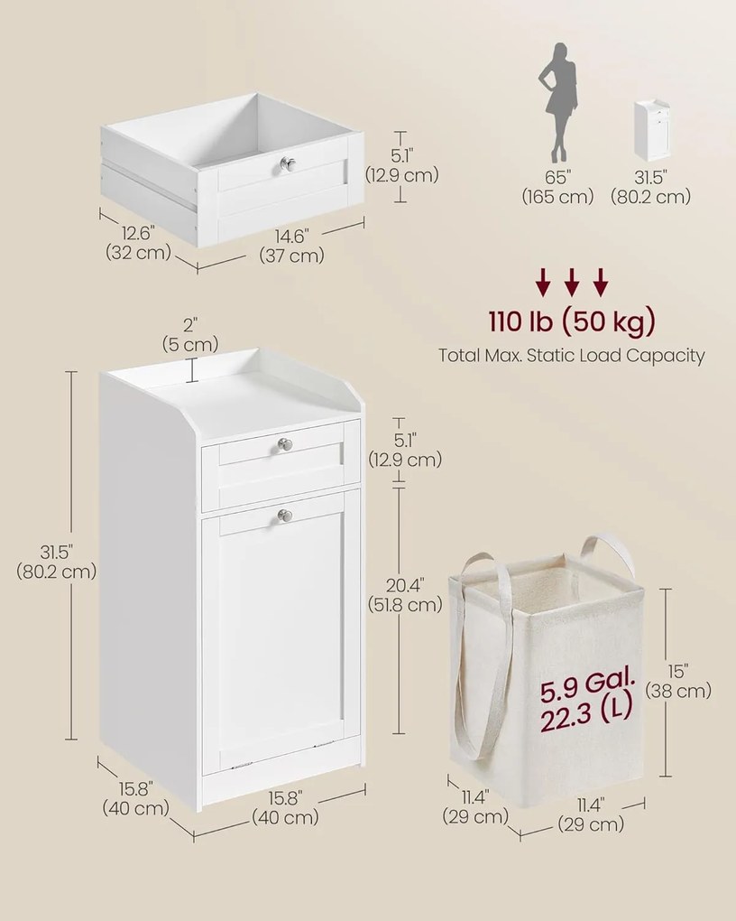 Kúpeľňová skrinka s košom na bielizeň, Odnímateľný kôš na bielizeň, biela