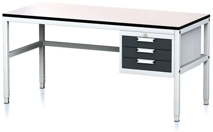Nastaviteľný dielenský stôl MECHANIC II, 3 zásuvkový box na náradie, 1600x700x745-985 mm, sivá/antracit