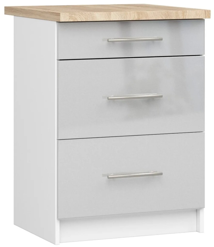 Kuchynská skrinka Olivie S 60 cm 3S biela/metalický lesk/dub sonoma